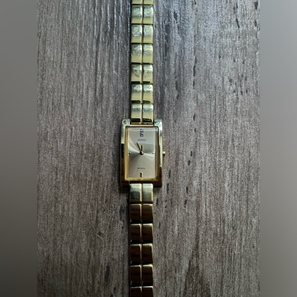 GUESS Vintage, Steel, Rectangle, Gold watch with diamond chip on face